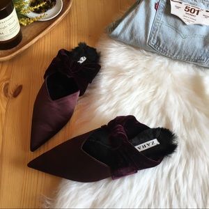 Zara velvet/satin furry slip on mules size 6